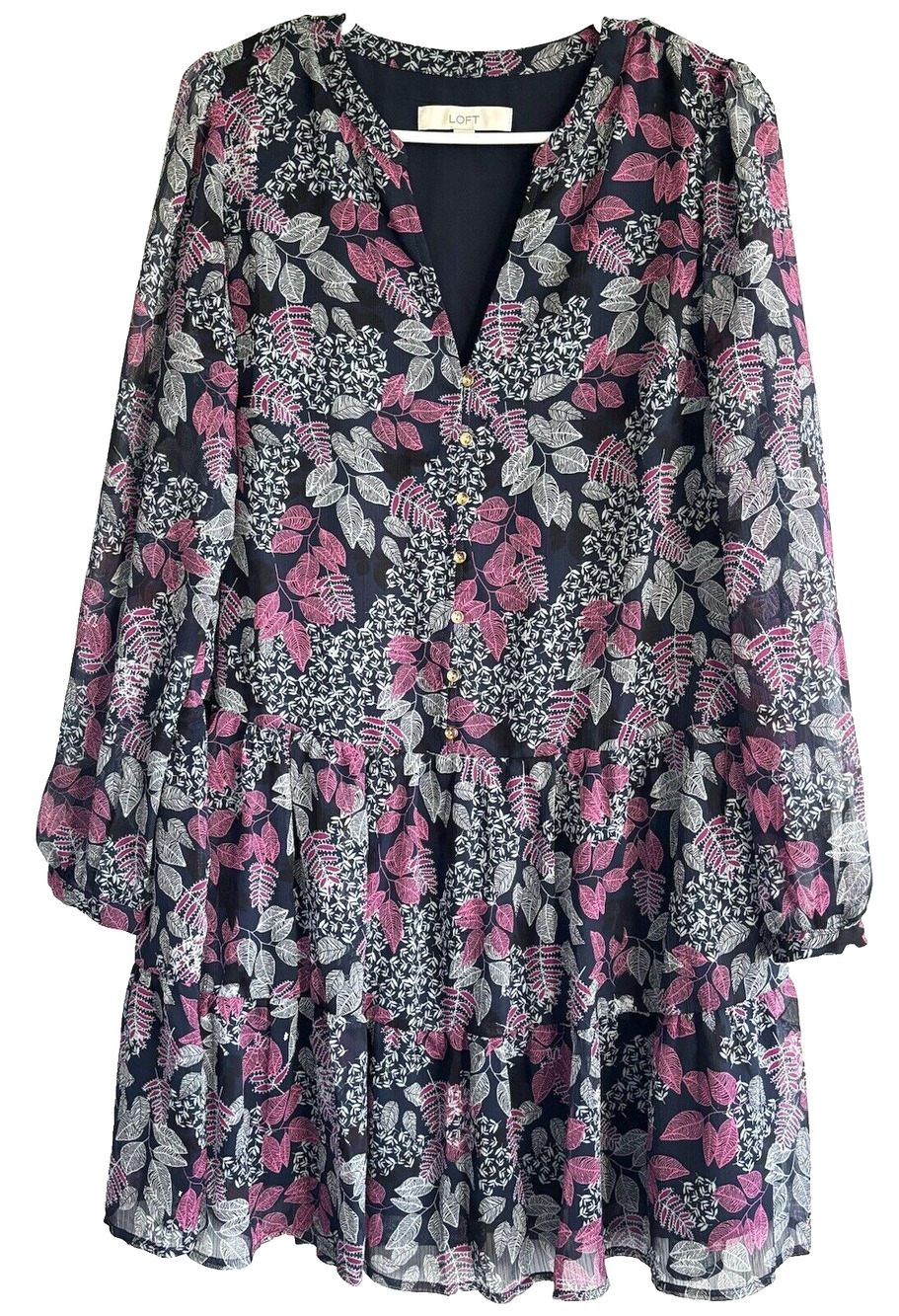 Loft dress leaf pattern sheer sleeves lined V neck size M